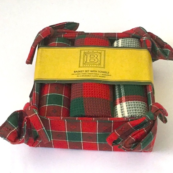 Four Piece Holiday Kitchen Towels in Reusable Cloth Basket. Cotton. Hostess Gift - Picture 5 of 5